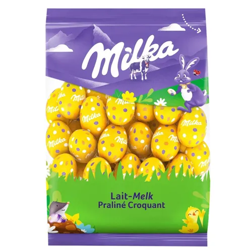 Цукерки Milka Яйця з кремової начинкою з мигдально-фундуковим праліне та хрустким рисом 350г