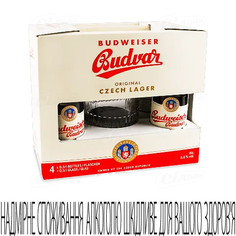 Набір Пиво Budweiser світле фільтроване 5% 4шт*0,5л + Келих 0,5л