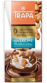 Шоколад без глютена і без цукру 0% «Молочний з цільним мигдалем» Trapa 175г