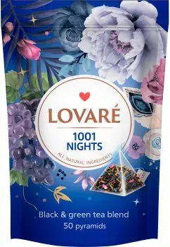 Бленд чорного і зеленого чаю Lovare 1001 ніч з фруктами і пелюстками квітів 2г х 50 пірамідок