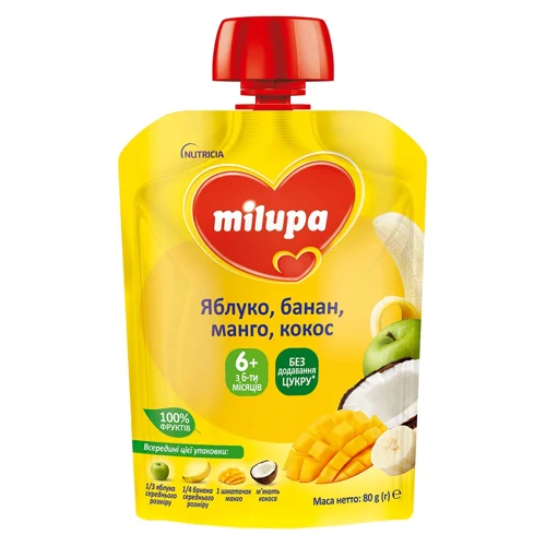 Пюре Milupa Яблуко, банан і манго з кокосовим молоком для дітей з 6 місяців 80г