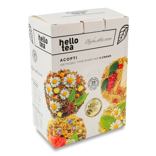 Чай квітково-трав'яний листовий Асорті Hello Tea, 4 смаки, к/у, 20 шт