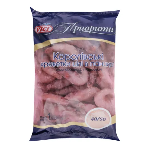 Креветки королівські 40/50 цілі в панцирі Приорити Vici с/м м/у 1000г