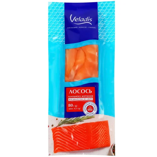 Лосось Veladis філе-шматочки без шкіри холодного копчення 80г