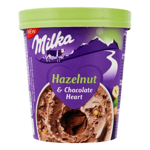 Морозиво шоколадне з лісовими горіхами, нугою і шоколадним мусом Hazelnut&Chocolate heart Milka 312г