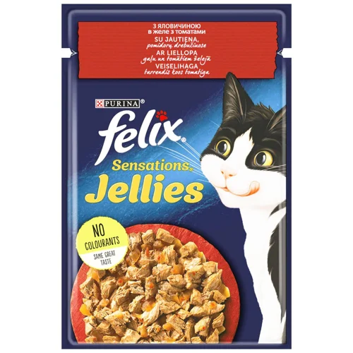 Корм вологий Felix Sensations Jellies з яловичиною та томатами для котів 85г