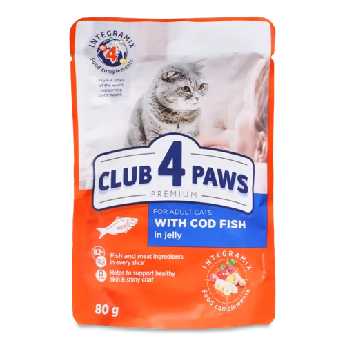 Корм Консервований Для Дорослих Котів З Тріскою В Желє Premium Club 4 Paws, з/б, 80г