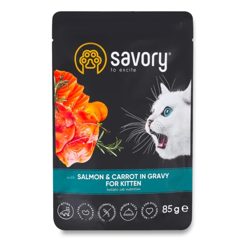Вологий Повнораціонний Корм Для Кошенят З Лососем Та Морквою у Соусі Savory, з/б, 85г