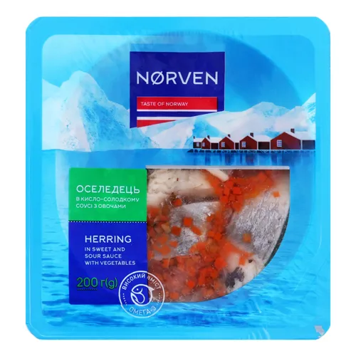 Оселедець філе-шматочки в кисло-солодкому соусі з овочами Norven лоток 200г