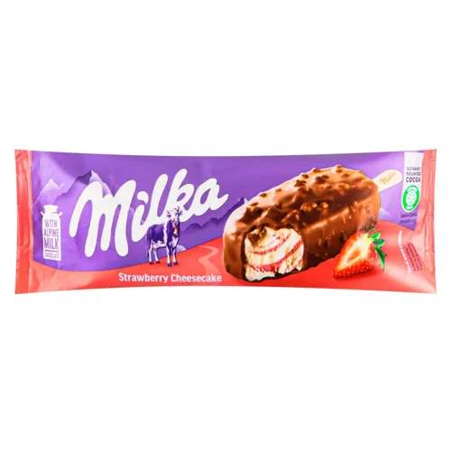 Морозиво Milka зі смаком чізкейку та полуничного сорбету в молочному шоколаді з бісквітною крихтою 67г