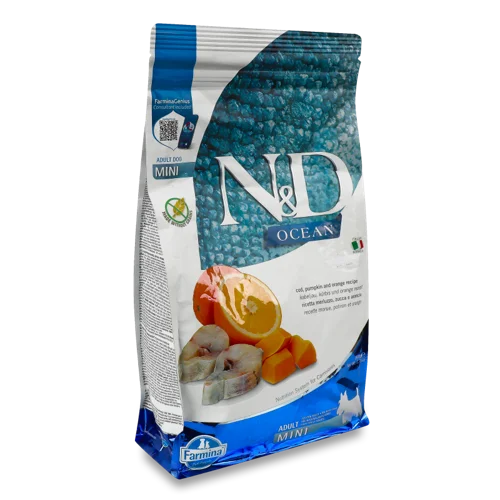 Корм Сухий Повнораціонний Для Дорослих Собак З Тріскою, Гарбузом І Апельсином, Mini Ocean N&D Farmina, м/у 800г