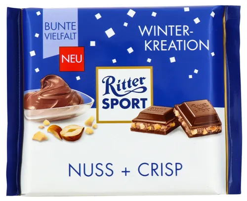 Шоколад Ritter Sport молочний з ліс. горіхами і пластів. 100г