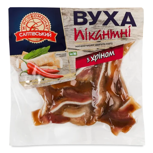 Вуха Свинячі Пікантні З Хріном Салтівський М'ясокомбінат Варено-Копчене в/у, 0.1 кг