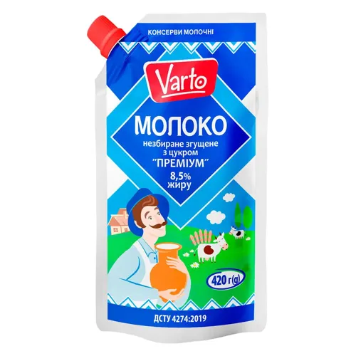 Молоко незбиране згущене з цукром Преміум 8,5 % Varto, 420г д/п