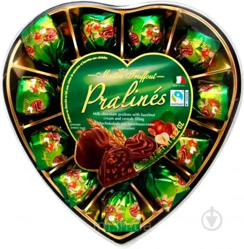 Цукерки Maitre Truffout Pralines Зелене серце, молочний шоколад з горіхами та рисовими кульками, 165г, 8 шт/ящ