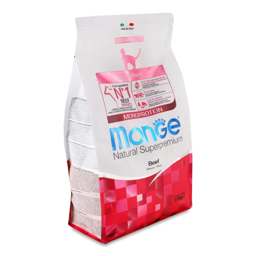 Корм сухий збалансований для стерилізованих котів з яловичиною Monoprotein Natural Superpremium Monge, 1.5 кг