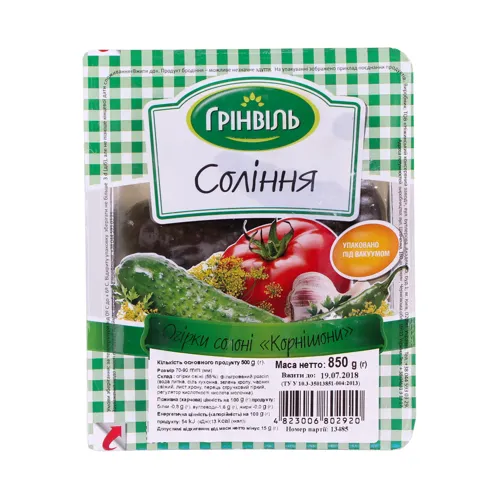 Солення Огурці солені Корнішони Грінвіль вищого ґатунку 850г