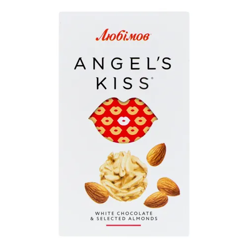 Цукерки шоколадні білі з мигдалем, рисовими кульками та кокосовою стружкою Angel's Kiss Любімов к/у 100г