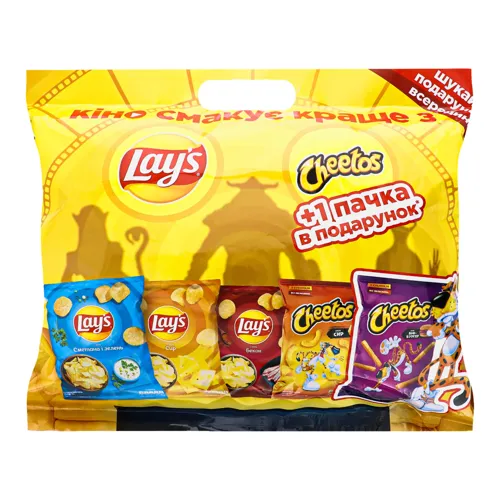 Набір Чіпси картопляні Сметана-зелень 71г+Сир 71г+Бекон 71г Lays+Палички кукурудзяні Біф-бургер 70г+Сир 55г Cheetos 1шт