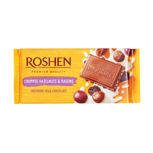 Шоколад Рошен молочний з подрібненими лісовими горіхами та родзинками 90г ВКФ
