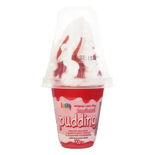 Морозиво 12% двошарове з ароматом ванілі полуниці та полуничним наповнювачем Англійський pudding Laska ст 100г