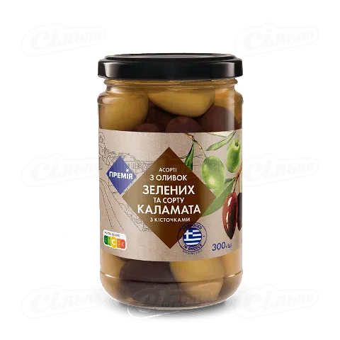 Асорті «Премія»® зелених оливок і каламата з кісточою, 300г