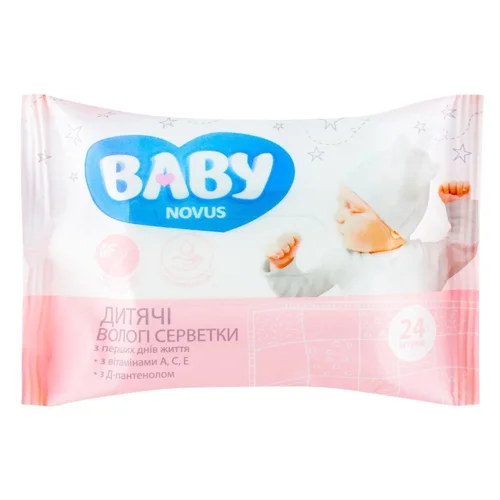 Серветки вологі Novus Baby дитячі алое та ромашка з вітамінами А, С, Е та Д-пантенолом 24шт