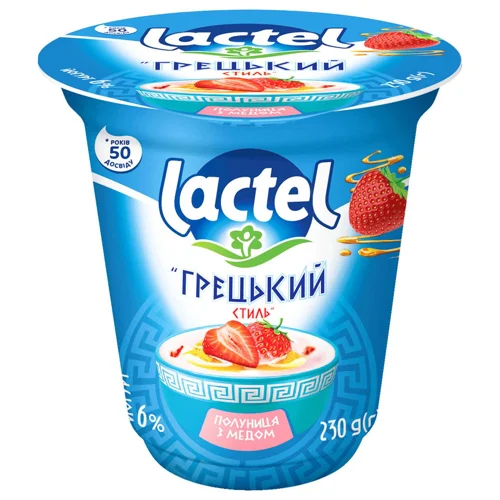 Йогурт Lactel Грецький стиль полуниця з медом 6% 230г