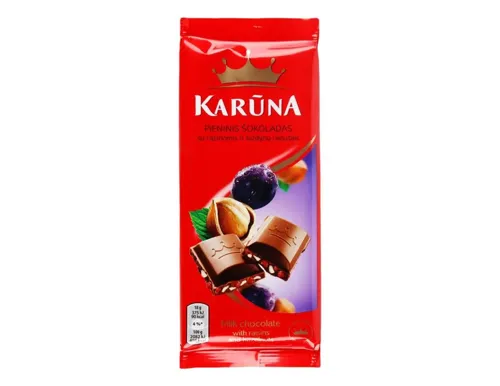 Шоколад молочний з родзинками та подрібненими лісовими горіхами Karuna м/у 90г