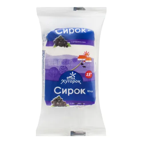 Сирок 15% солодкий з родзинками Хуторок м/у 90г