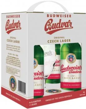 Подарунковий набір пива Budweiser Budvar Original світле фільтроване 5% 0.5л x 4 шт + бокал 0.33л
