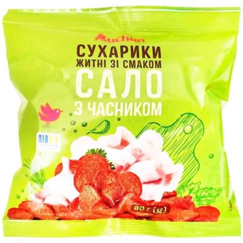 Сухарики Auchan житні зі смаком Сало з часником 80г