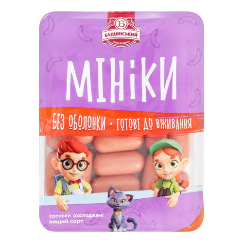 Сосиски вищий сорт Мініки Бащинський охол лоток 0.35кг