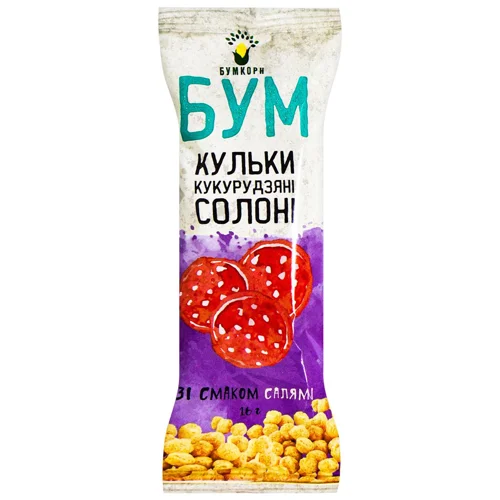 Кульки кукурудзяні Бумкорн солоні зі смаком салямі 16г