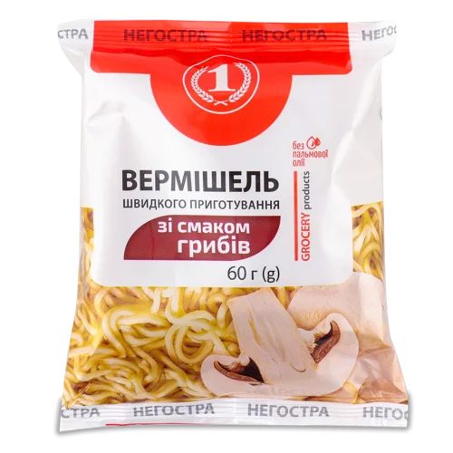 Вермішель Швидкого Приготування Негостра Зі Смаком Грибів ТМ "1", м/у, 60г