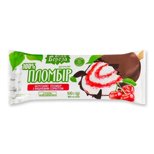 Морозиво 12% З Вишневим Сорбетом В Кондитерській Глазурі Пломбір Біла Береза, м/у 100г