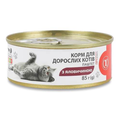 Корм Консервований Повнораціонний Для Дорослих Котів Паштет З Яловичиною, з/б 85г