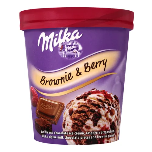 Морозиво з ароматом ванілі та шоколадне з малиновим соусом Brownie&Berry Milka відро 320г