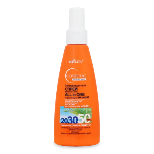 Сонцезахисний Спрей для Обличчя Та Тіла SPF20/30/50 All in One Соляріс Bielita, 150мл
