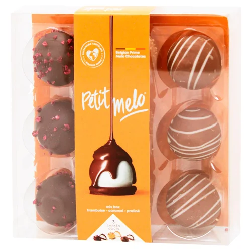 Цукерки Petit Melo шоколадні з лісовим горіхом, малиною та карамеллю асорті 85г