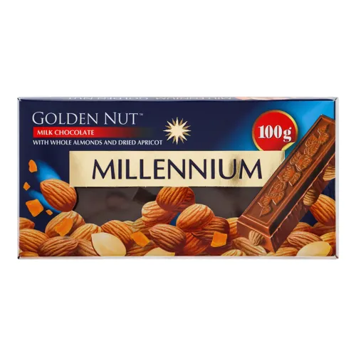 Шоколад молочний з цілим мигдалем та курагою Golden Nut Millennium к/у 100г