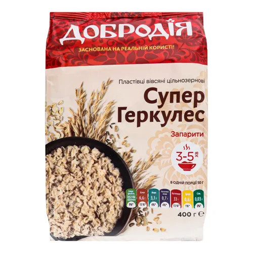 Пластівці вівсяні цільнозернові Супер геркулес Добродія м/у 400г