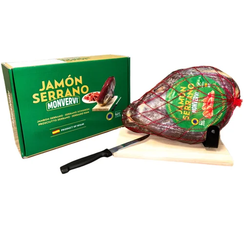 Хамон Monvervi Jamon Serrano без шкіри та кістки в подарунковій упаковці з підставкою та ножем 2,2-2,5кг