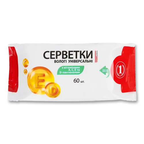 Вологі Серветки Універсальні з Вітамінами А, С, Е, D-пантенолом ТМ "1", 60 шт