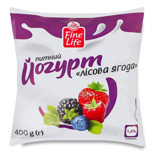 Йогурт Питний 1.4% з Фруктовим Наповнювачем Лісова Ягода Fine Life, Пастеризований, м/у 400г