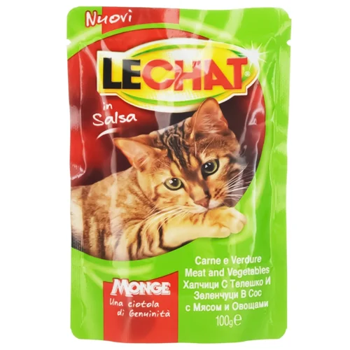 Корм вологий Monge Lechat зі шматочками яловичини та овочів для котів 100г