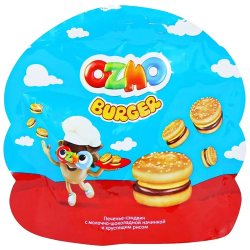 Печиво-сендвіч Ozmo Burger з молочним і шоколадним кремом та повітряним рисом 40г