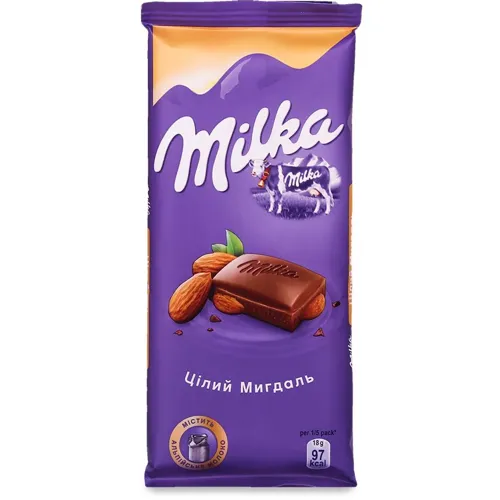 Шоколад Milka молочний з цільним мигдалем 90г