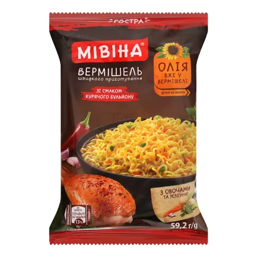 Вермішель швидкого приготування зі смаком курячого бульйону гостра «Мівіна», 59.2г