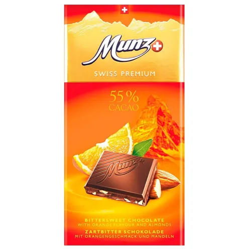 Шоколад чорний Munz з апельсином та мигдалем 100г